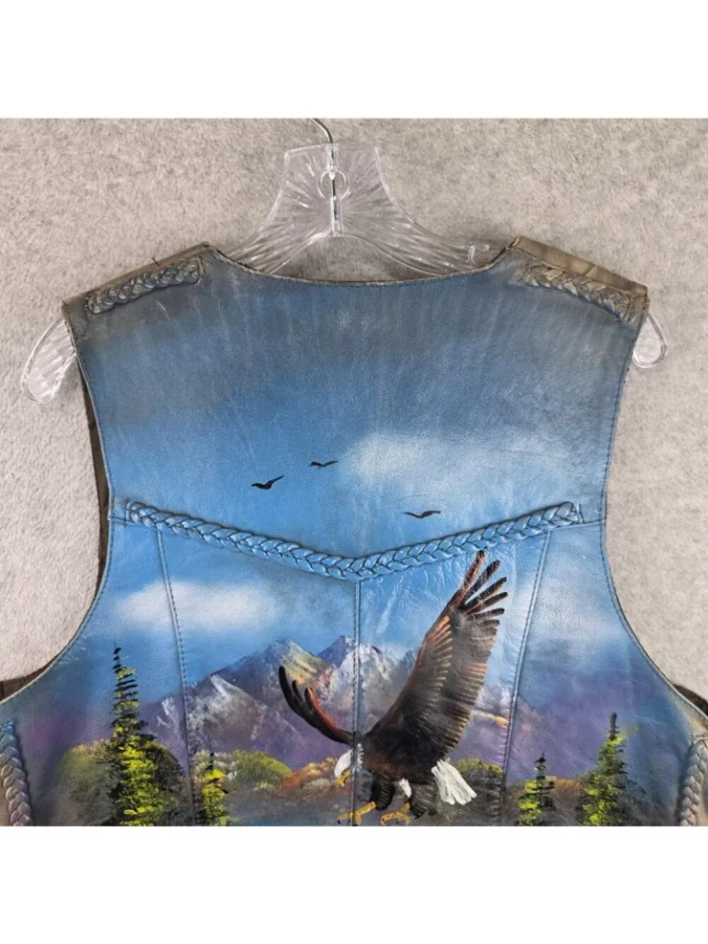 The Leather Shop Vest Mens XL Brown Leather Eagle Scenic Biker Lace Up Vest